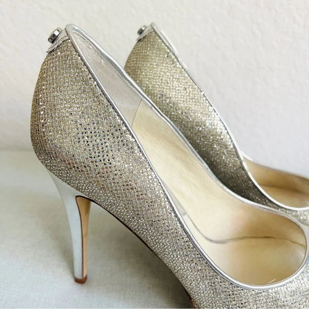 Michael Kors MK Women’s Silver Glitter Peep Toe Heels Shoes Size 7.5M - Picture 9 of 12